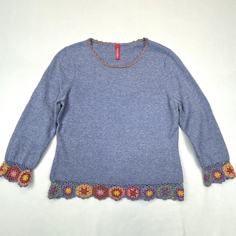 Hanna Anderson Womens XS Granny Square Sweater Combed Cotton Crochet Trim Vtg